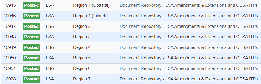 Document Repository LSA Amendments & Extensions and CESA ITPs listed under "Project Name"